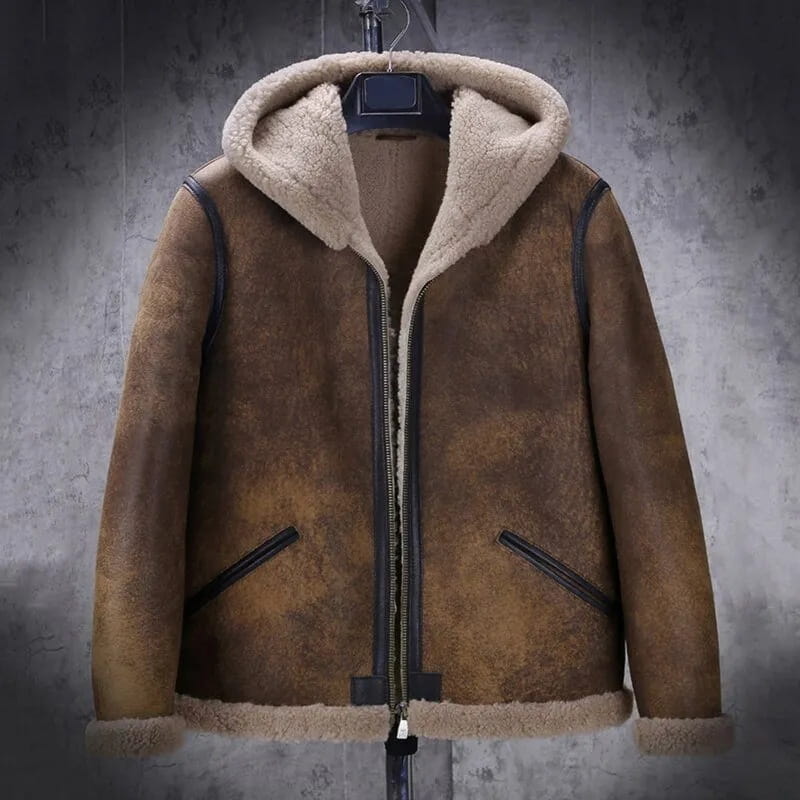 Men's Dark Brown B3 Sheepskin Distressed Leather Jacket With Hood - Arcane Fox
