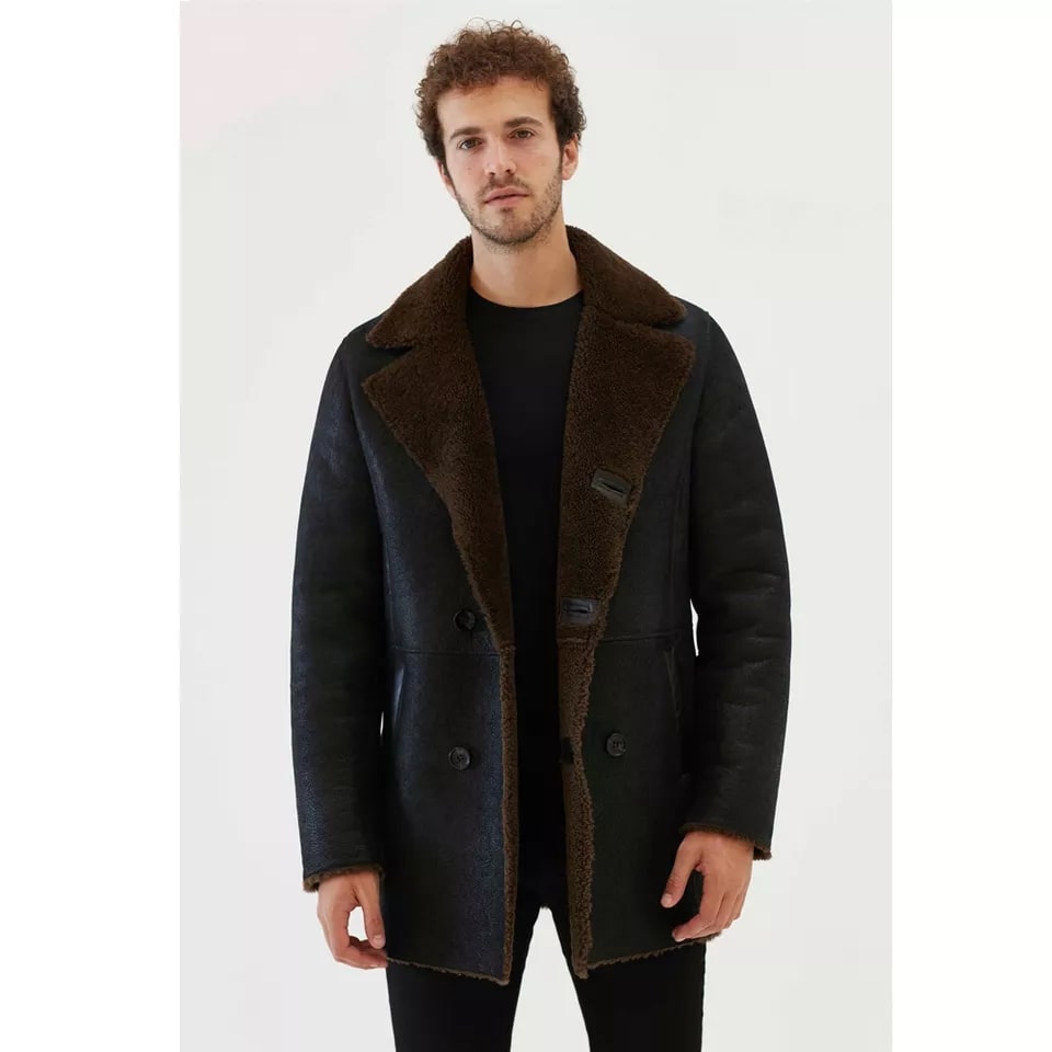 Men's Dark Brown Fur Shearling Coat In Black
