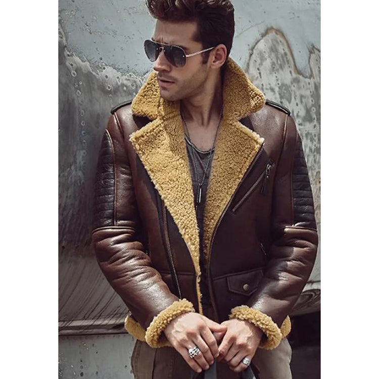 Men's Dark Brown Sheepskin Biker Fur Leather Jacket
