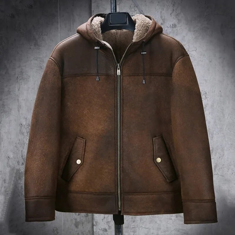 Men's Distressed Shearling Hooded Leather Jacket In Dark Brown