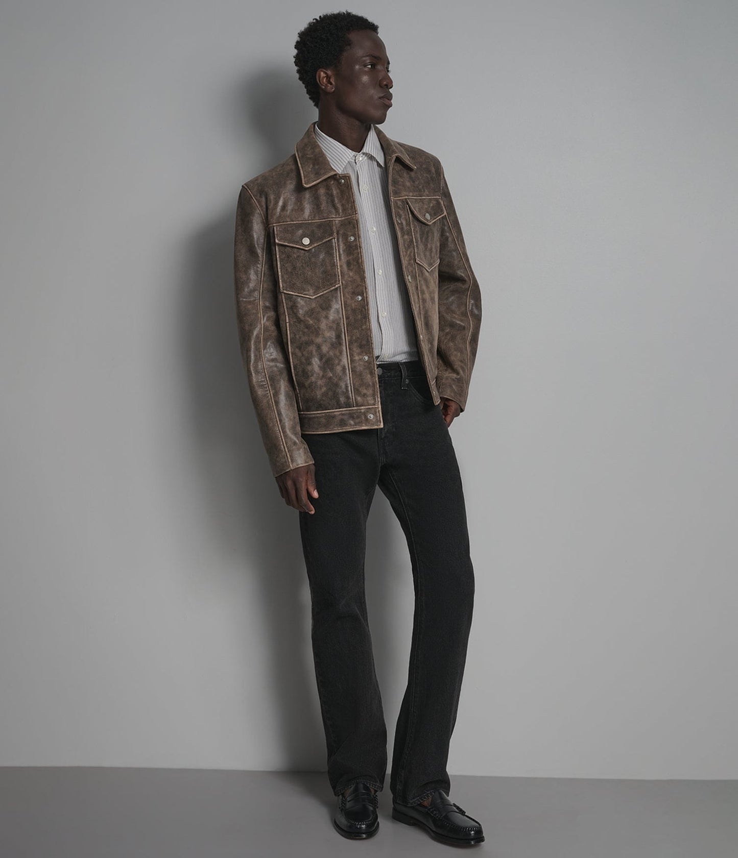 Men's Distressed Trucker Leather Jacket In Beige - Arcane Fox