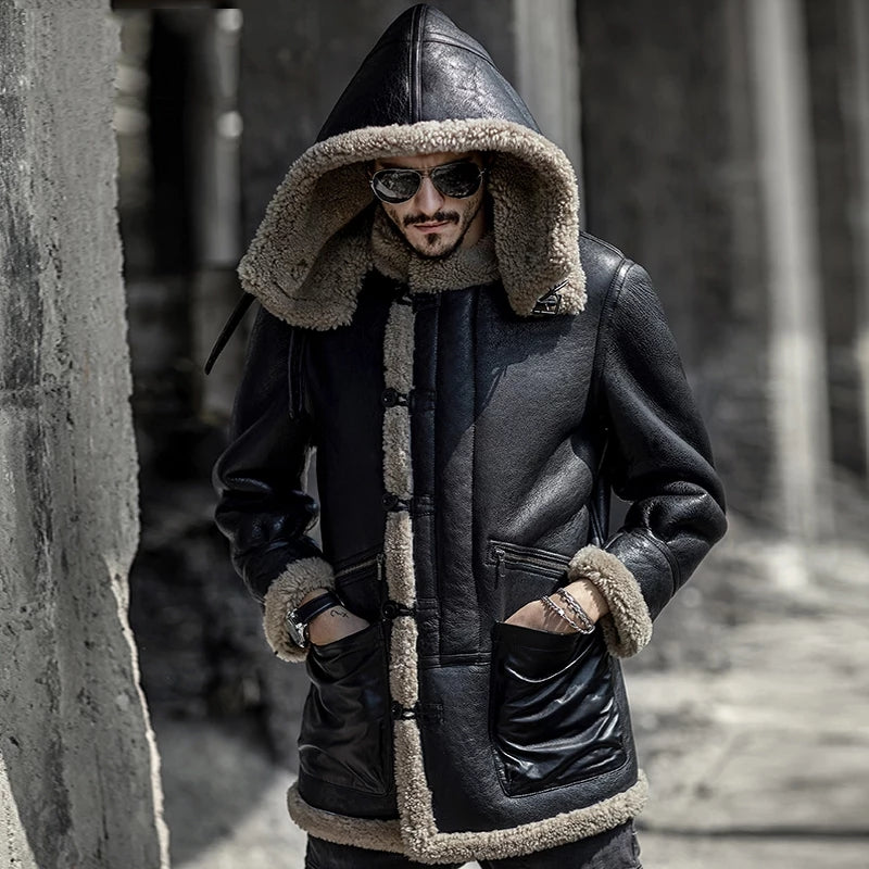 Men's B7 Gray Fur Shearling Leather Coat In Black With Removable Hood