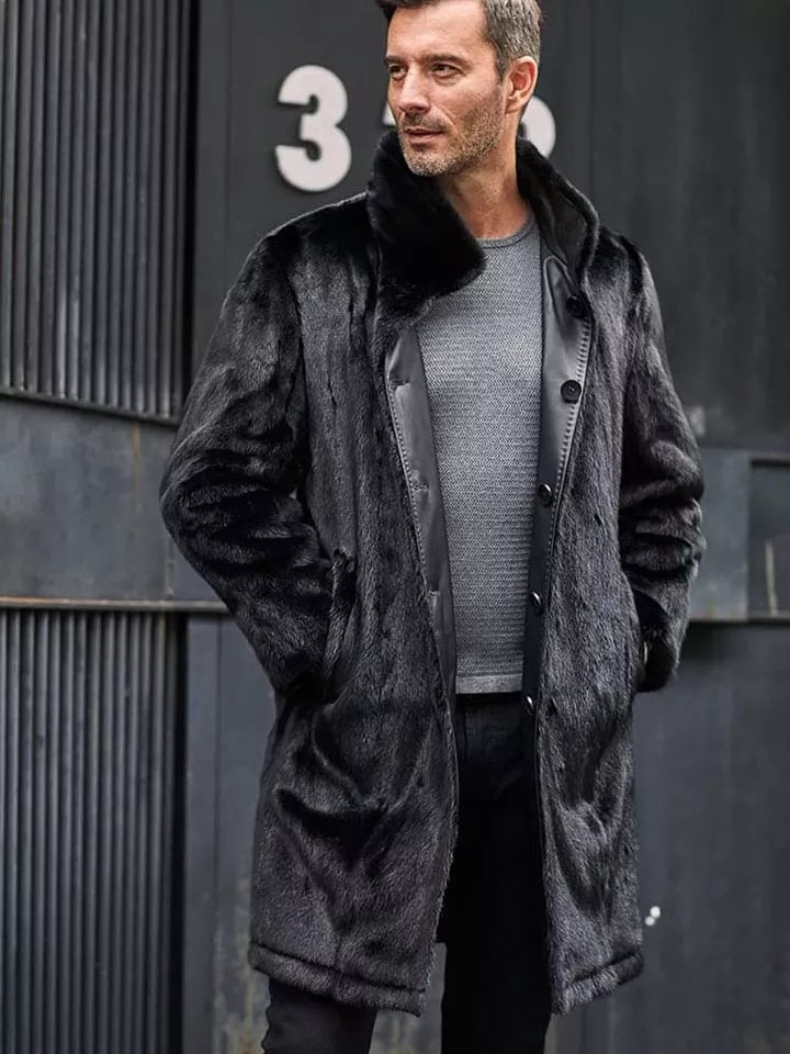 Men's Double Sided Long Shearling Coat In Black
