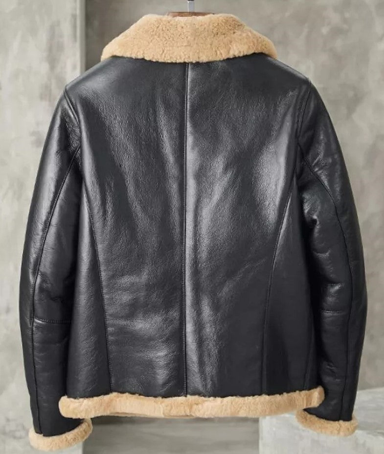 Men's Fur B3 Bomber Black Leather Jacket