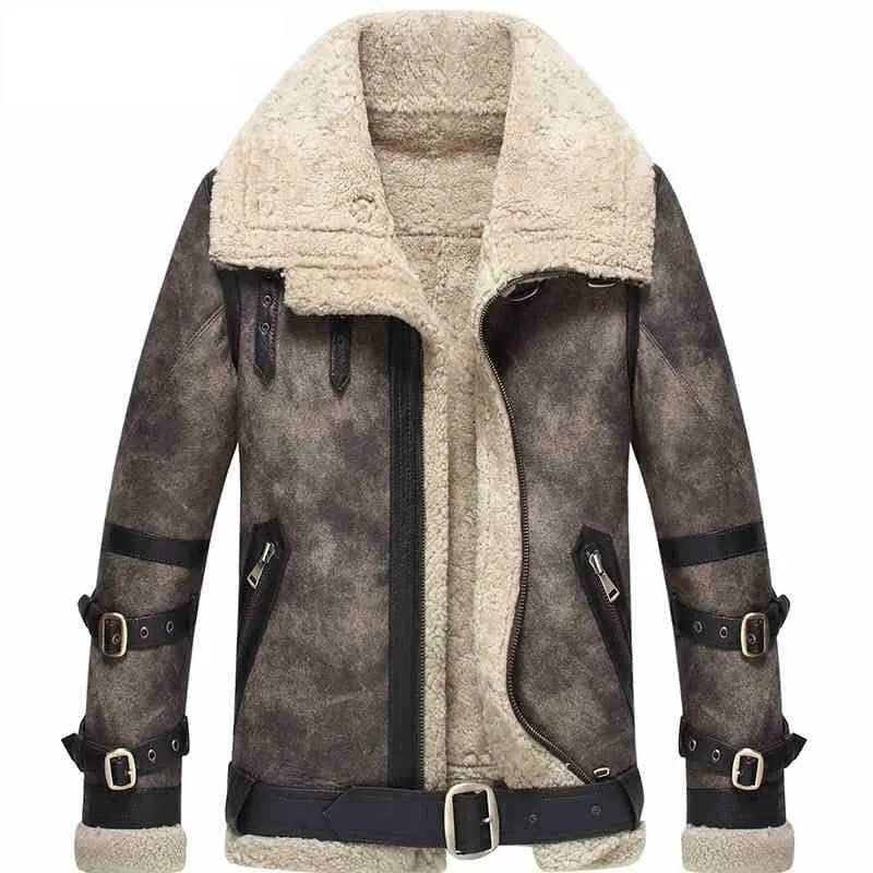 Men's Gray B3 Shearling Distressed Leather Jackets With Oversized Collar - Arcane Fox