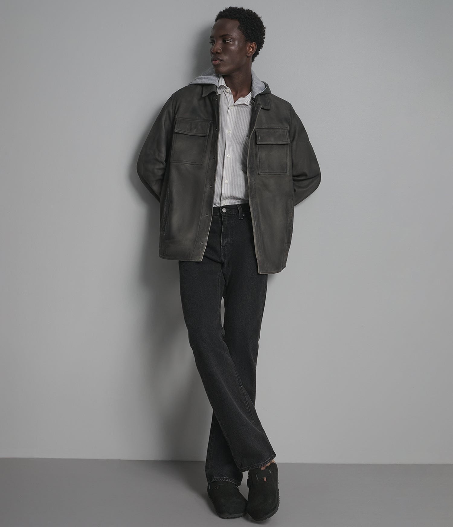 Men's Gray Trucker Leather Jacket - Arcane Fox