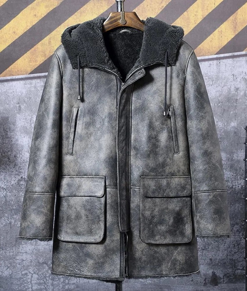 Men's Hooded Shearling Distressed Leather Coat In Gray - Arcane Fox