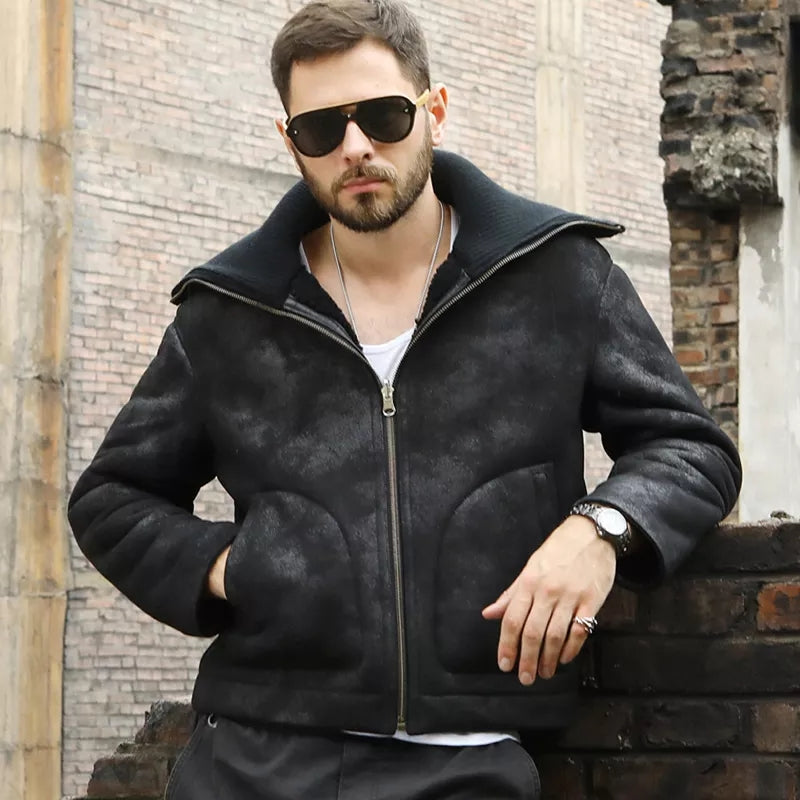 Men's Oversized Collar Shearling Black Leather Jacket