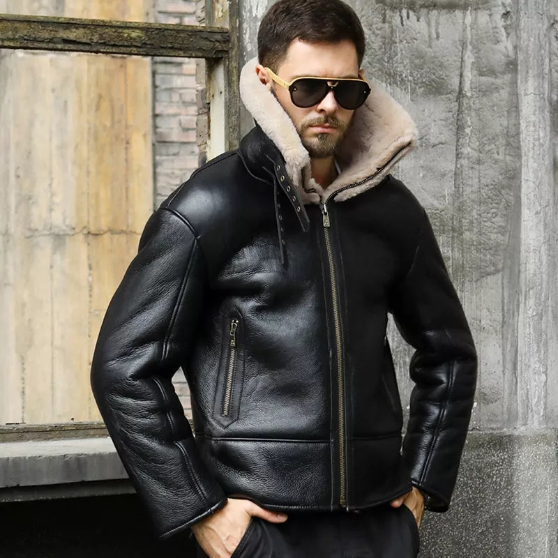 Men's Shearling Black leather jacket With Oversized Collar