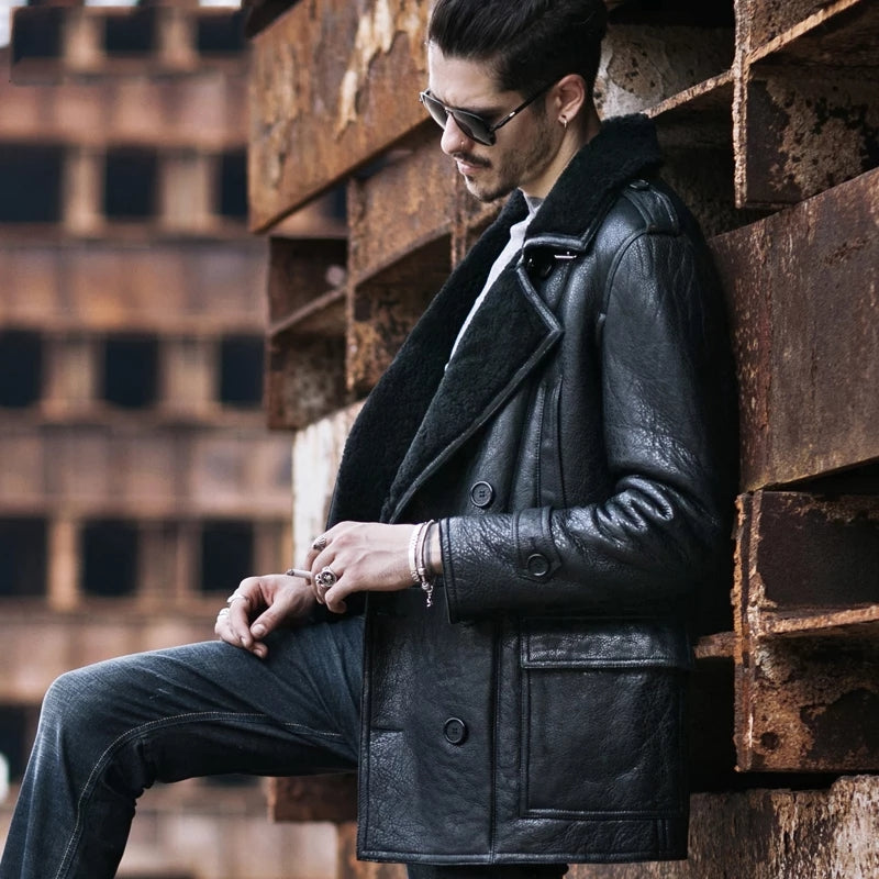 Men's Shearling Fur Leather Coat In Black