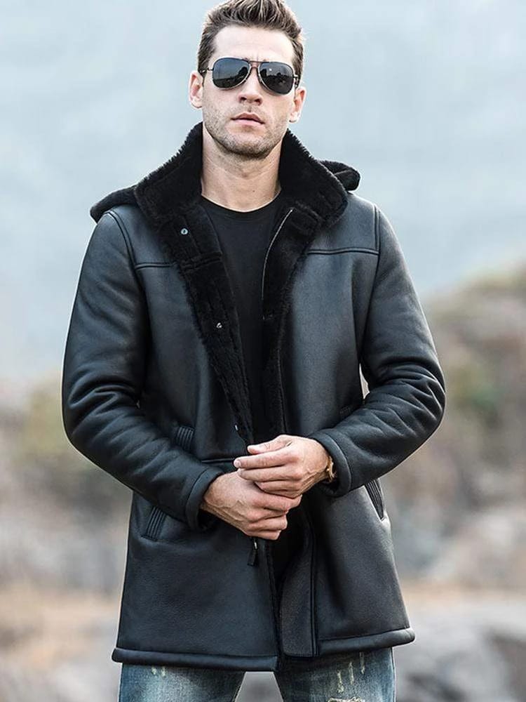 Men's Sheepskin Fur Leather Coat In Black With Hood