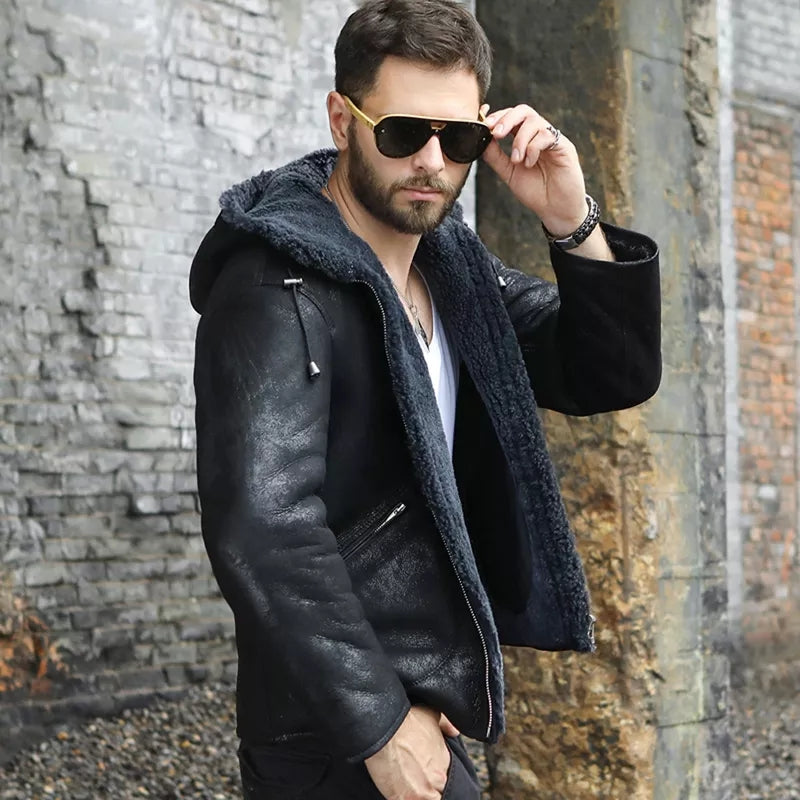 Men's Sheepskin Hooded Black Leather Jacket