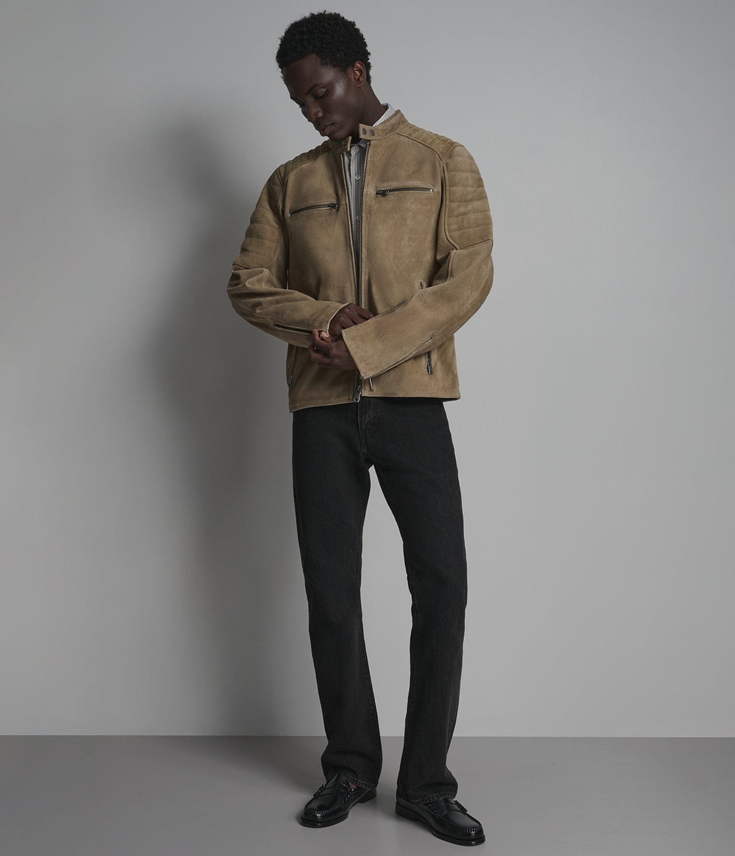 Men's Tan Cafe Racer Suede Leather Jacket - Arcane Fox