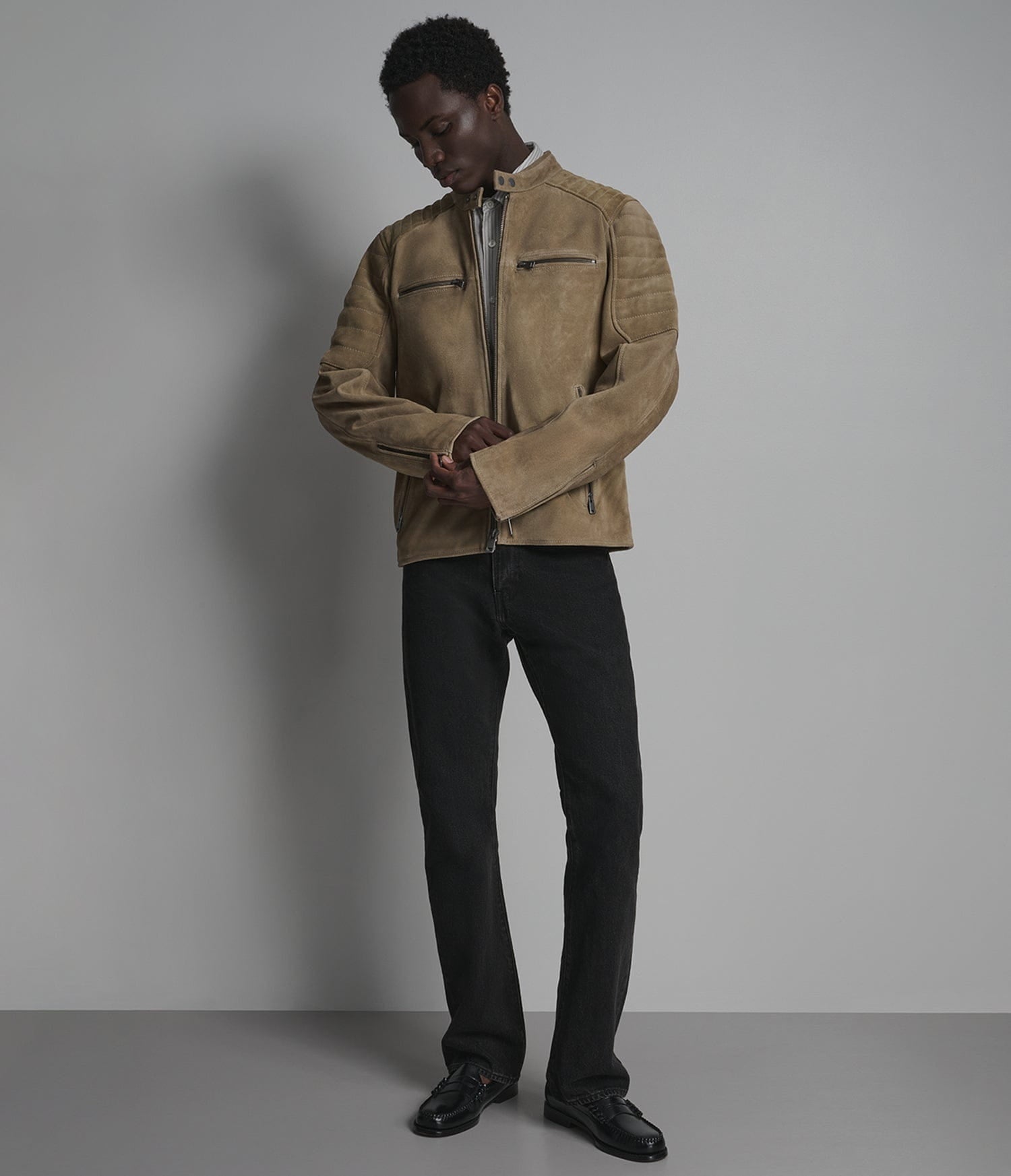 Men's Tan Cafe Racer Suede Leather Jacket - Arcane Fox