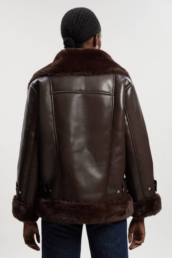Women's B7 Shearling Chocolate Brown Leather Jacket With Oversized Collar