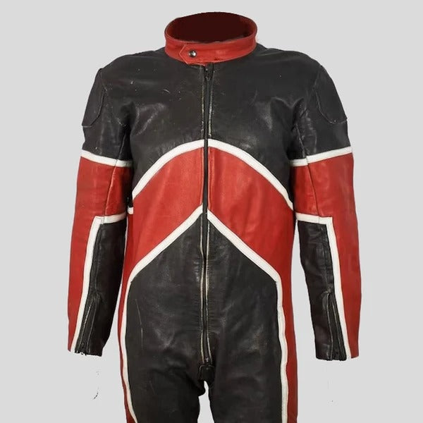 Men's Black & Red Biker Leather Jumpsuit