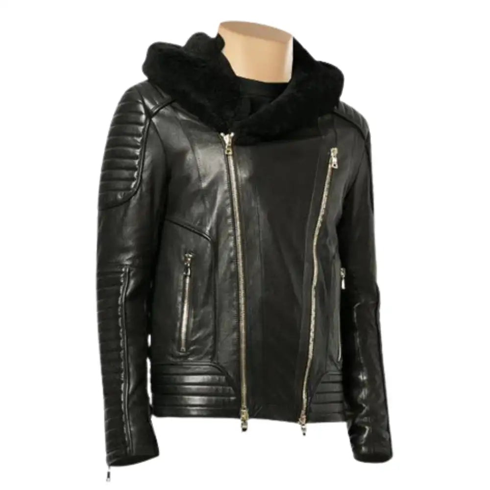 Men's Black Shearling Hooded Leather Jacket