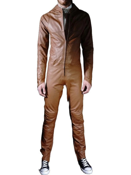 Men's Brown Bodycon Leather Jumpsuit