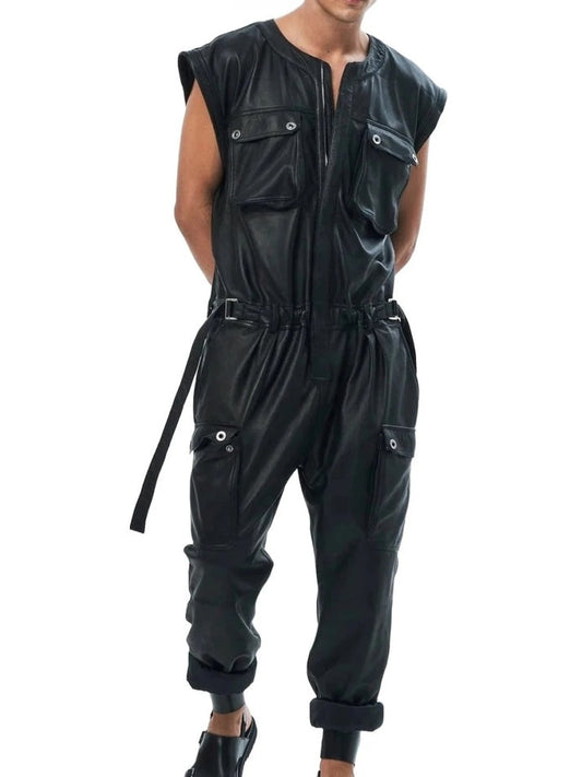 Men's Cargo Style Black Leather Jumpsuit