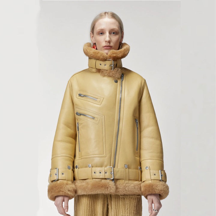 Arcane Fox - Women's Aviator Sheepskin Fur Leather Jacket In Tan Brown