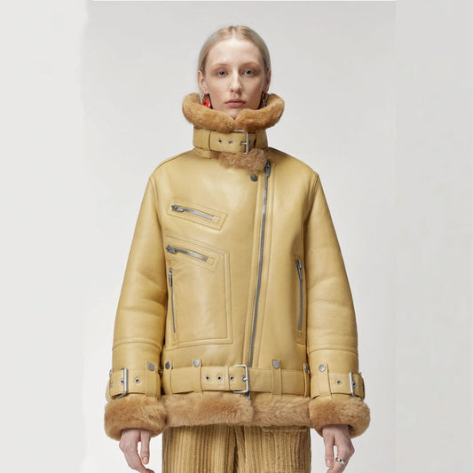 Arcane Fox - Women's Aviator Sheepskin Fur Leather Jacket In Tan Brown