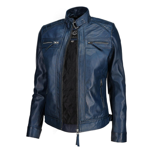 Women's Blue Cafe Racer Distressed Leather Jacket