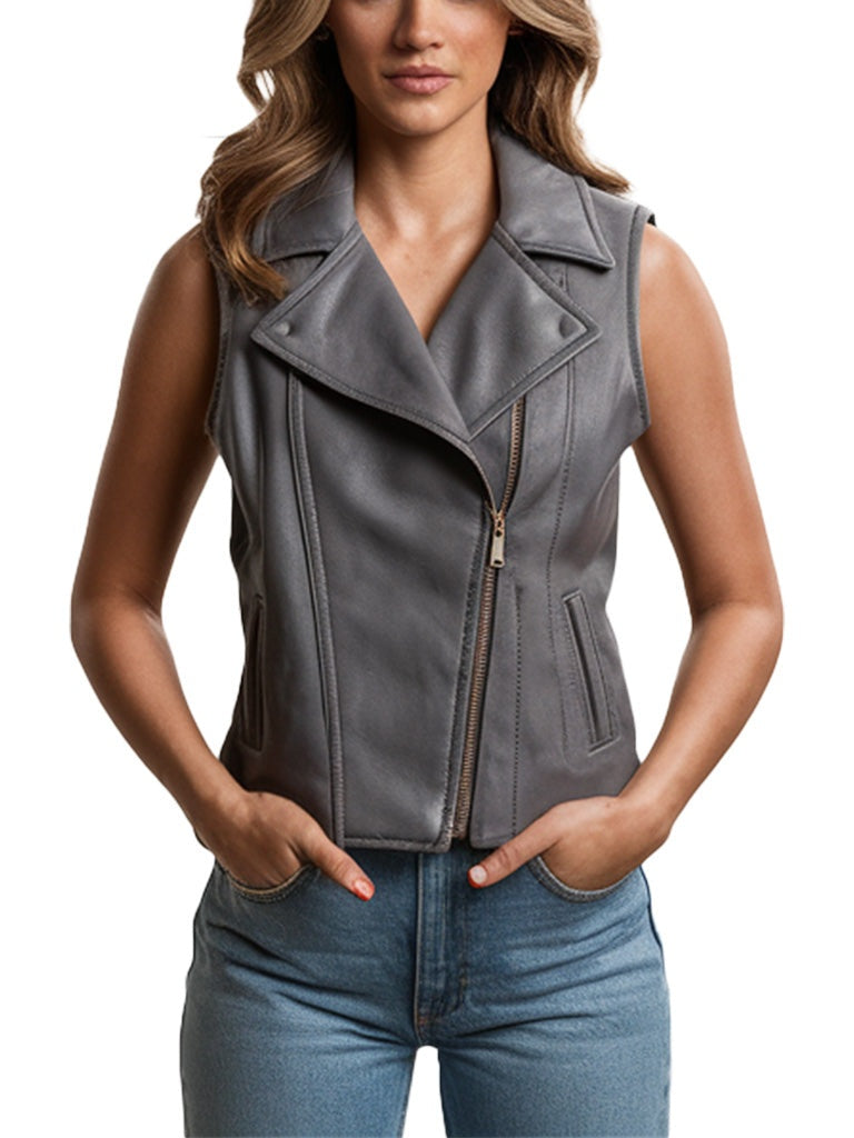 Women's Gray Biker Leather Vest