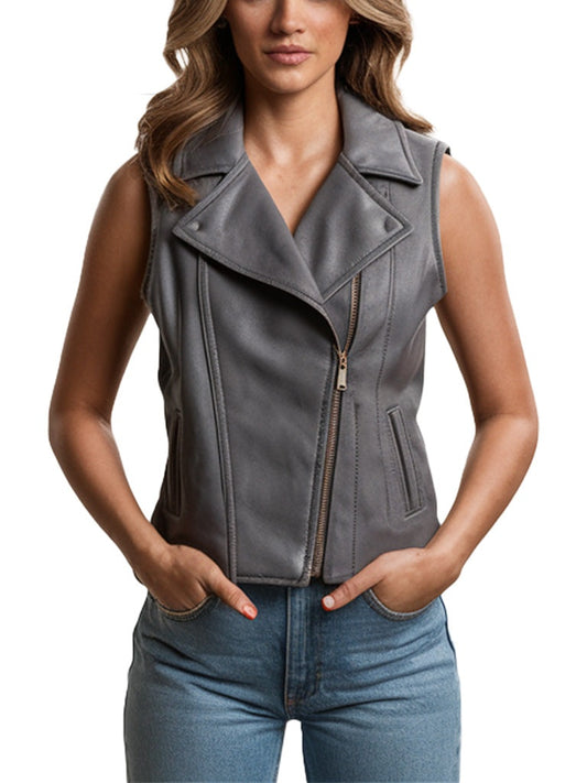 Women's Gray Biker Leather Vest