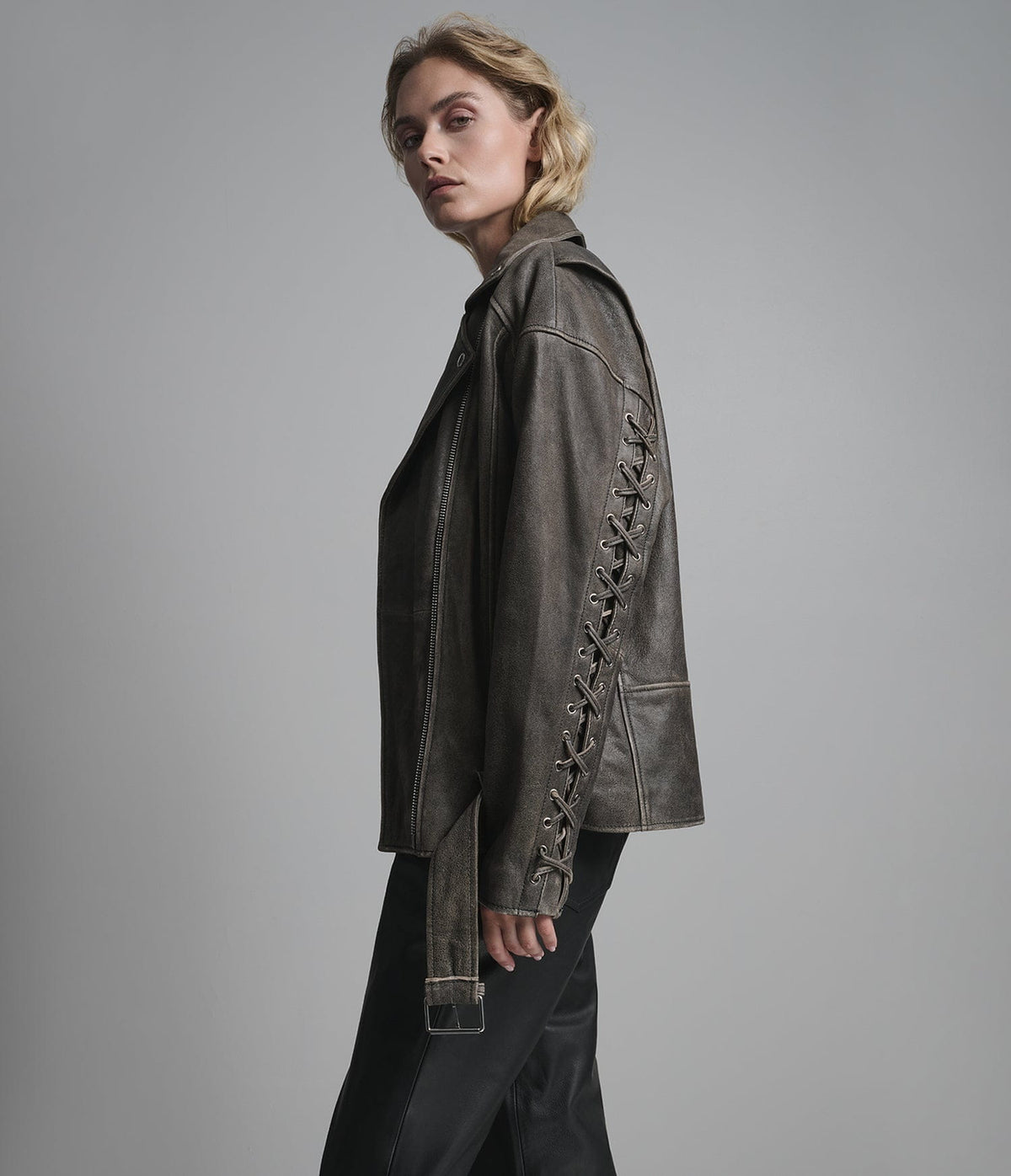 Women's Belted Biker Distressed Leather Jacket - Arcane Fox