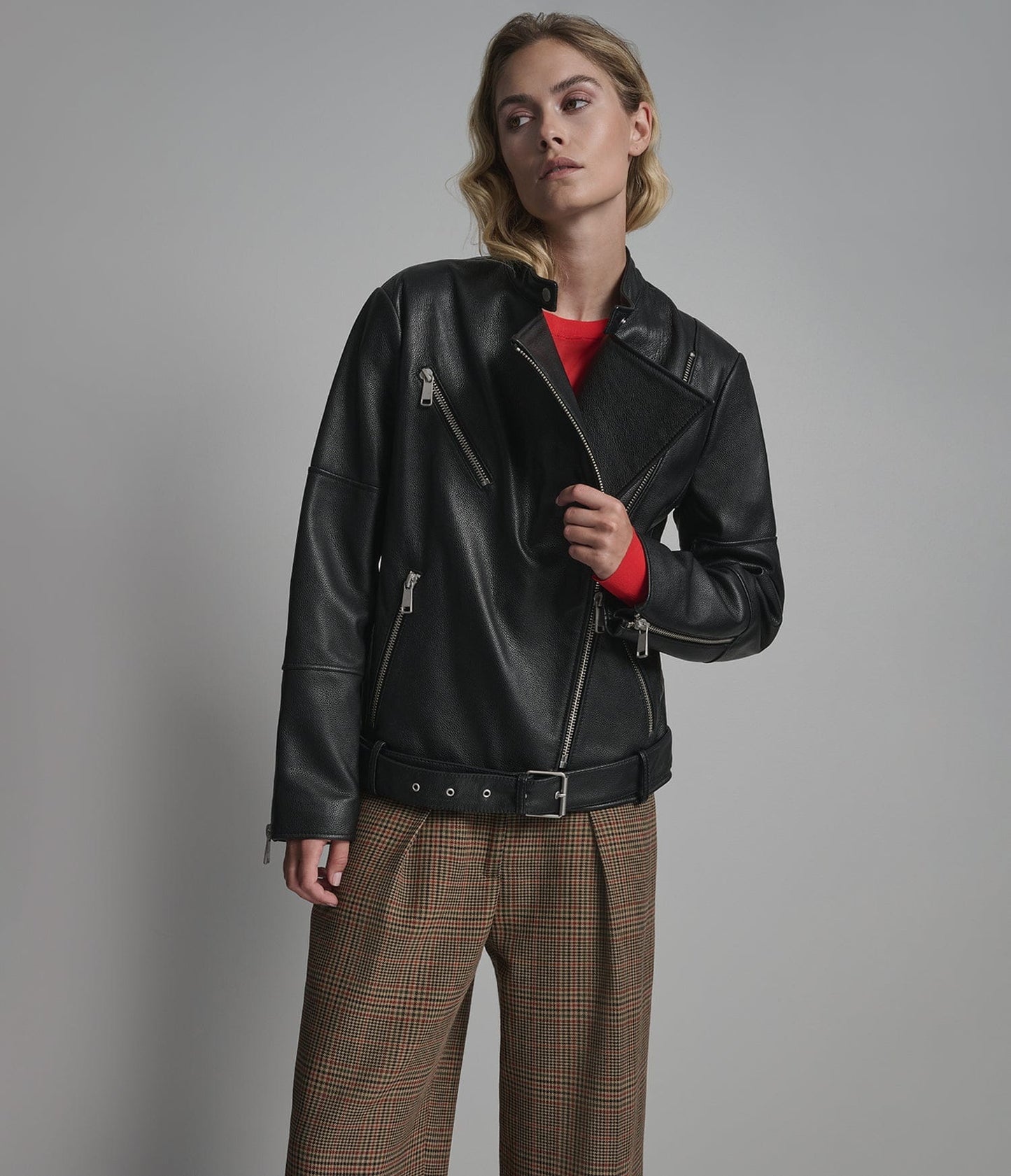 Women's Belted Biker Leather Jacket In Black - Arcane Fox