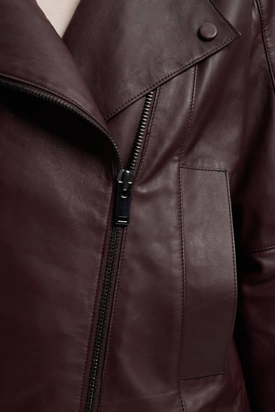 Women's Belted Biker Leather Jacket In Burgundy - Arcane Fox
