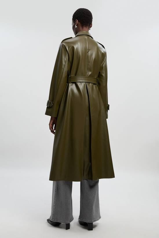 Women's Belted Leather Trench Coat In Olive - Arcane Fox