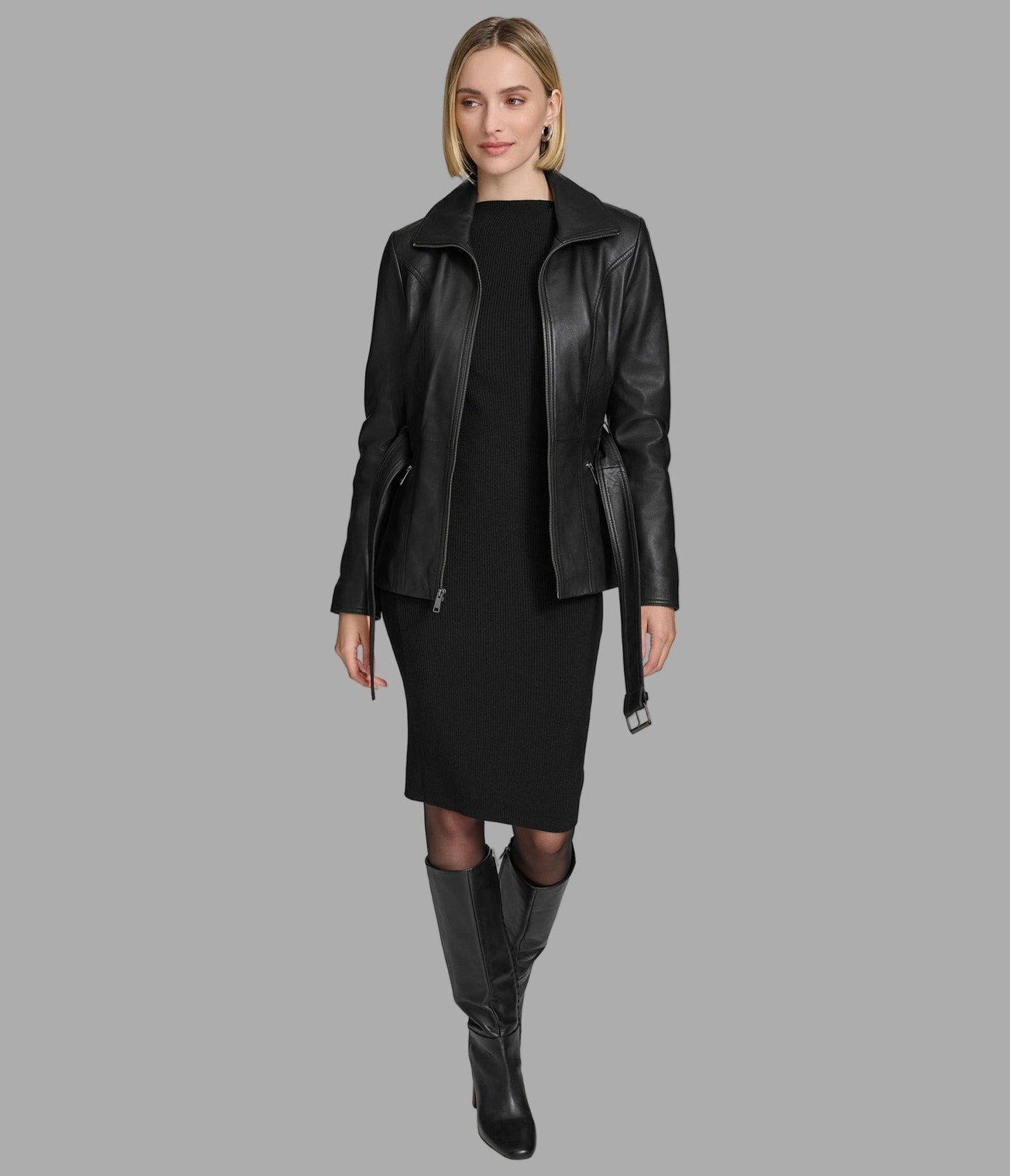 Women's Belted Scuba Black Leather Jacket - Arcane Fox