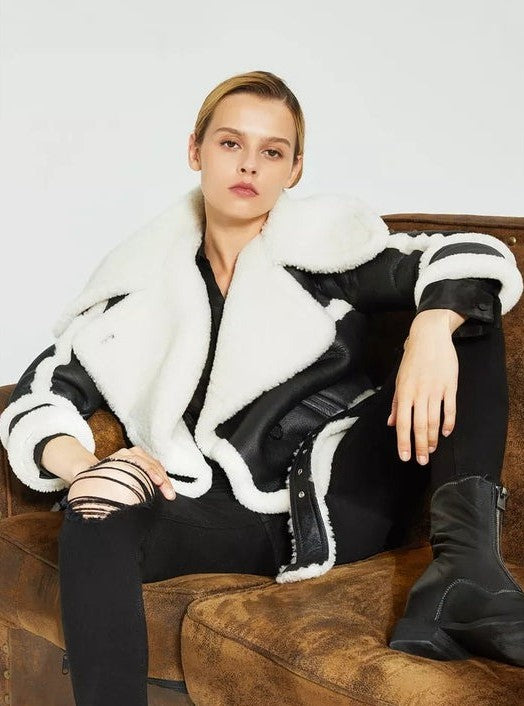 Arcane Fox - Women's Belted Sheepskin Leather Jacket In Black