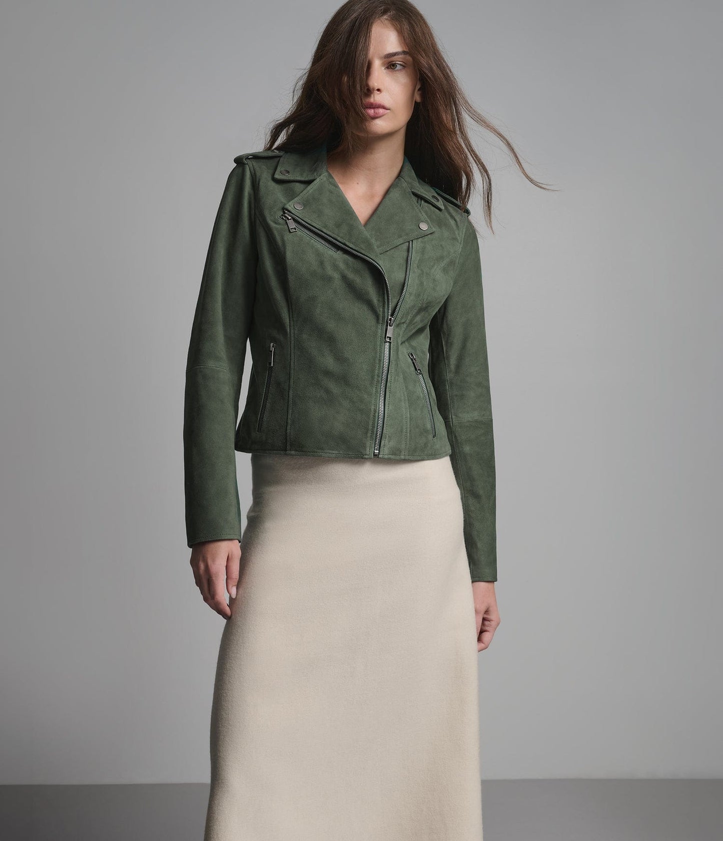 Women's Biker Suede Leather Jacket In Olive - Arcane Fox