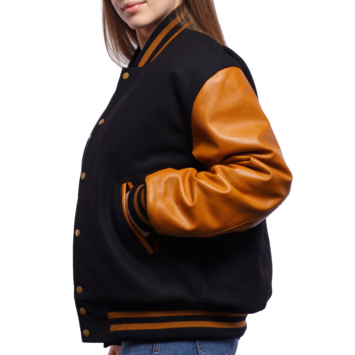 Women's Bomber Varsity Leather Jacket In Black & Brown Sleeves