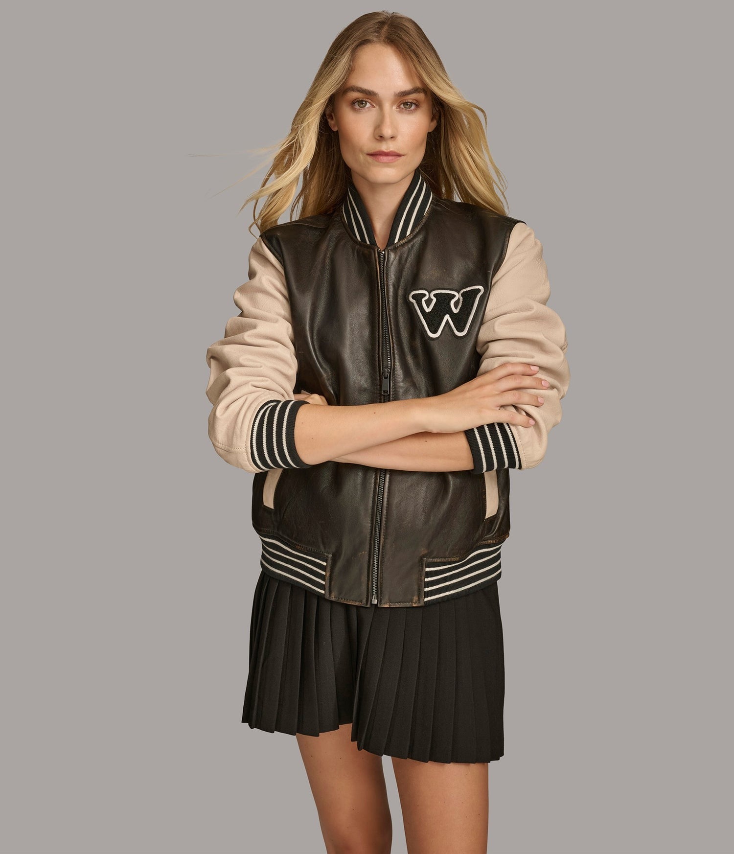 Women's Bomber Varsity Leather Jacket In Chocolate Brown & Beige Sleeves - Arcane Fox
