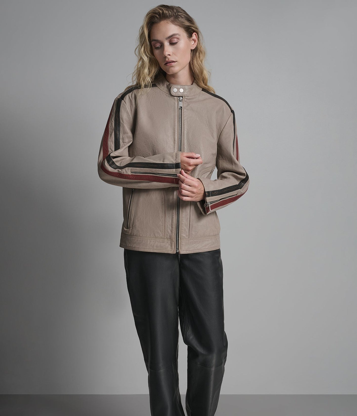 Women's Cafe Racer Leather Jacket in Beige - Arcane Fox