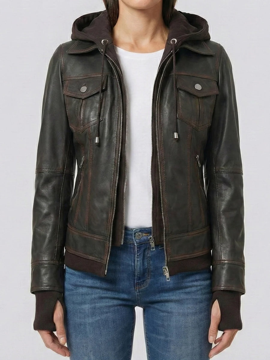 Women's Chocolate Brown Trucker Distressed Leather Jacket