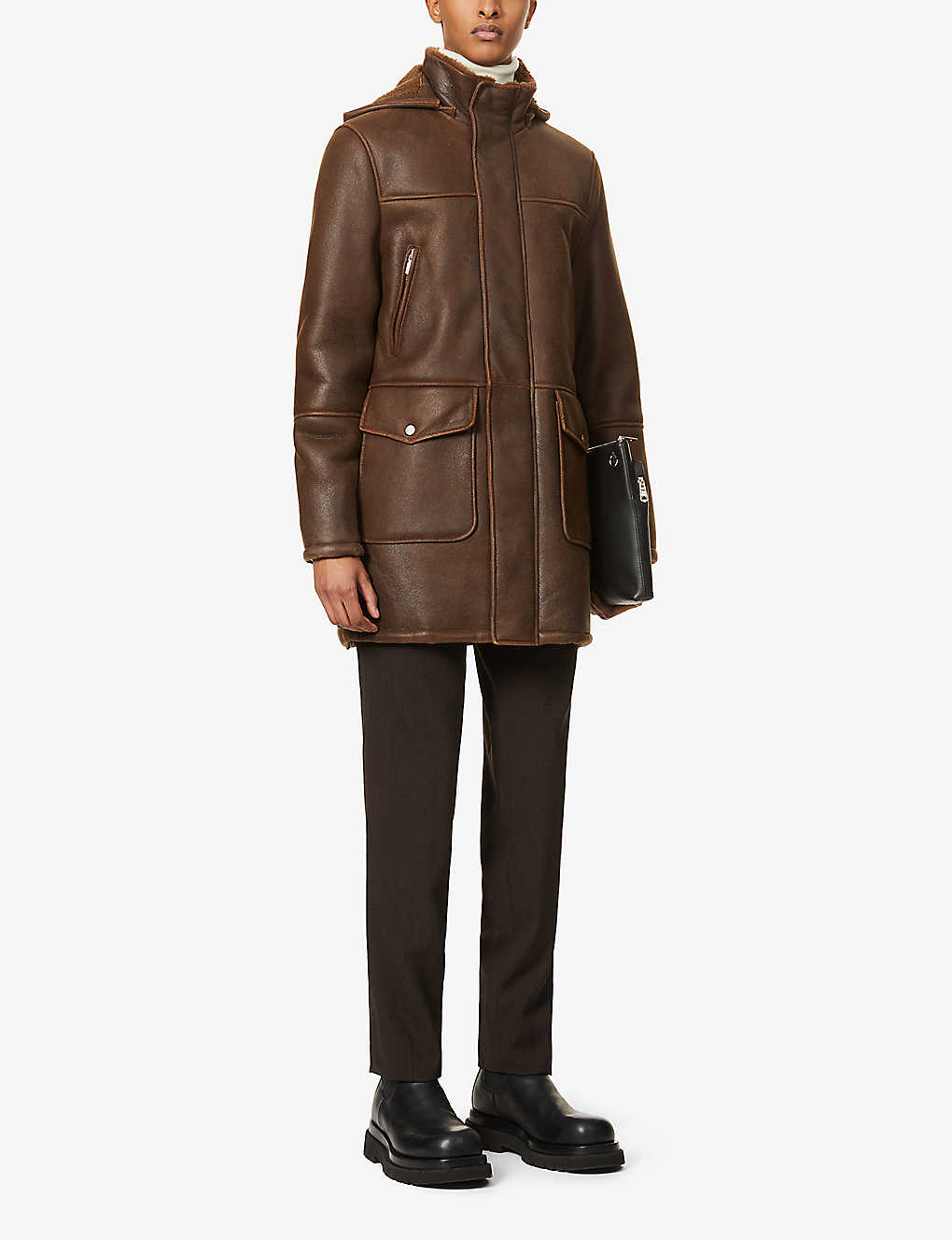 Men's Fur Sheepskin Leather Coat In Dark Brown With Removable Hood