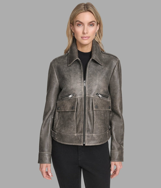 Women's Gray Distressed Harrington Leather Jacket - Arcane Fox