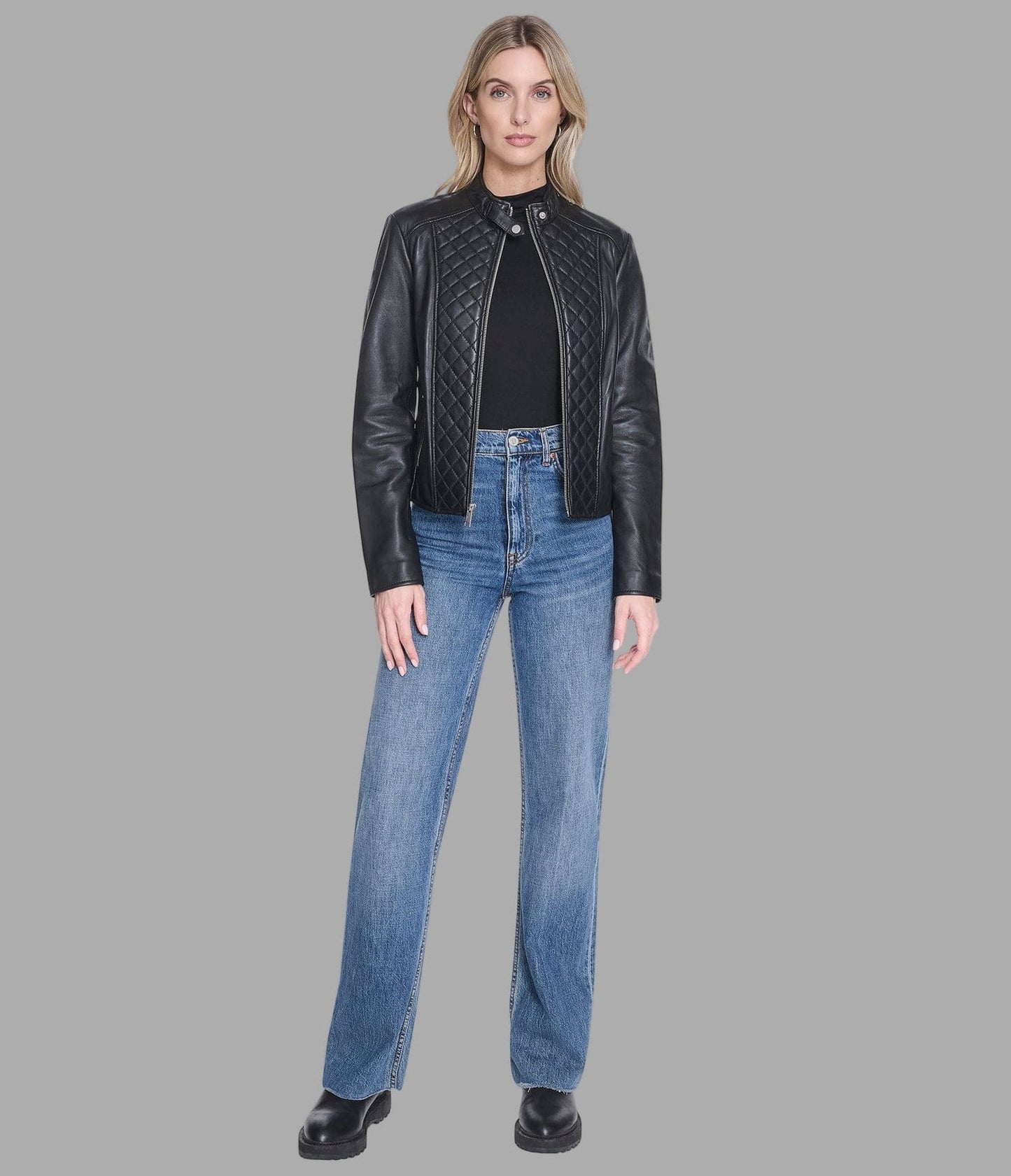 Women's Quilted Motorcycle Leather Jacket In Black - Arcane Fox