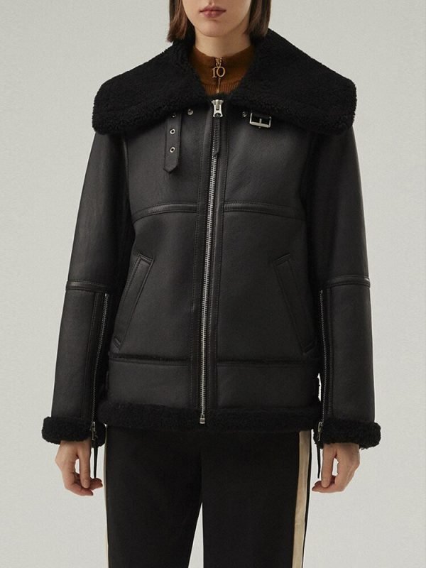 Arcane Fox - Women's Shearling Aviator Leather Jacket In Matte Black