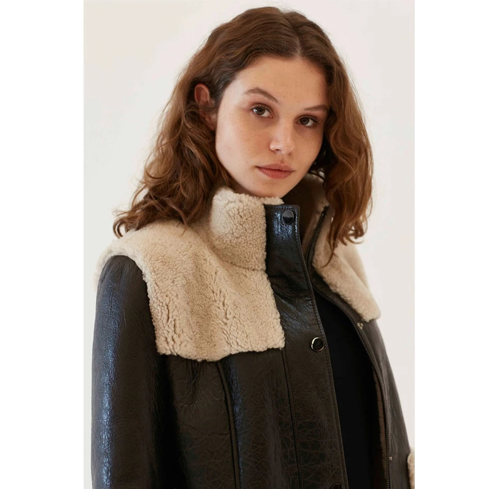 Women's Sheepskin Fur  Leather Coat In Dark Brown