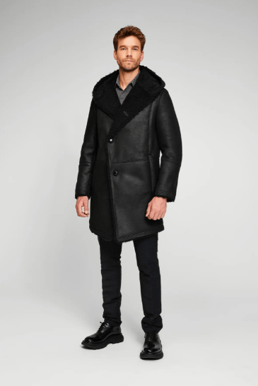Men's Hooded Shearling Leather Coat In Black