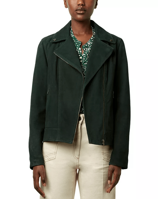 Women's Biker Suede Leather Jacket In Royal Green