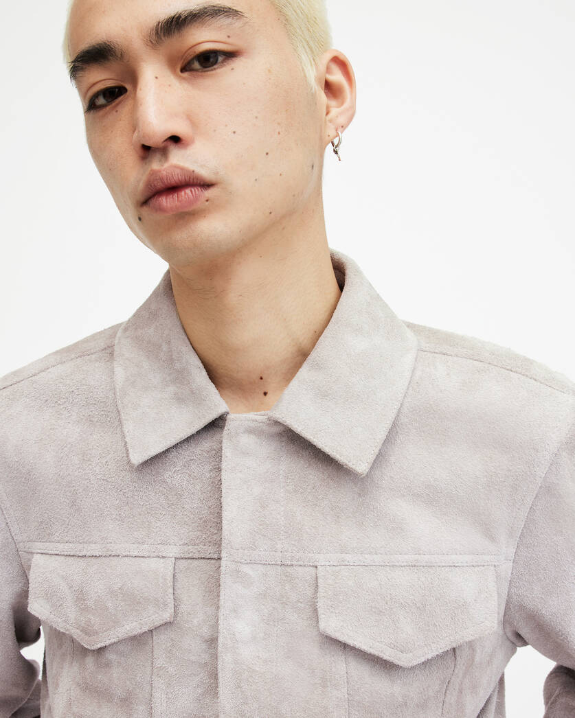 Men's Suede Leather Trucker Jacket In White Gray