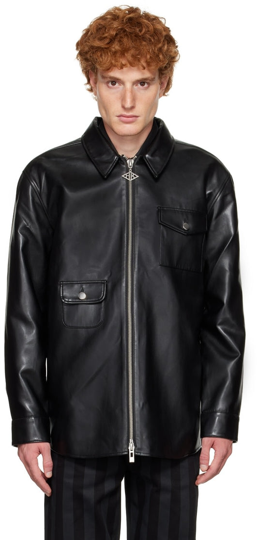 Men's Black Biker Leather Shirt In Full Sleeve