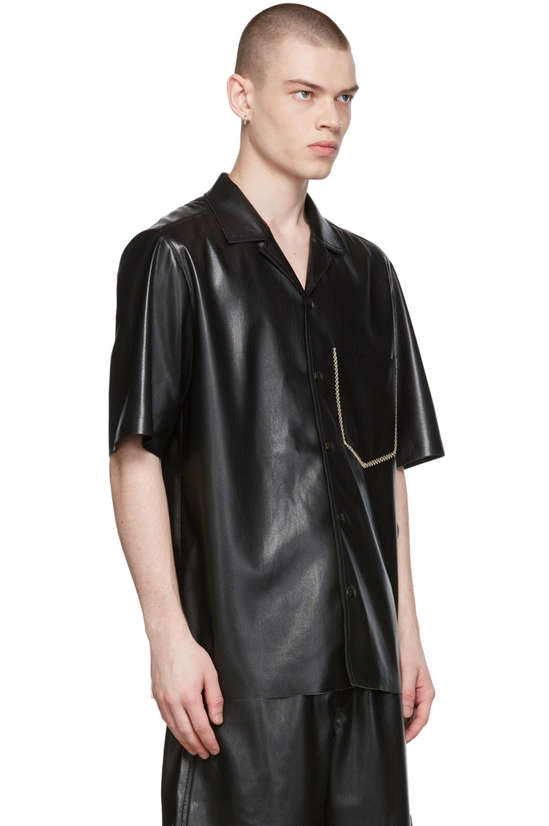 Men's Black Leather Shirt In Half Sleeve