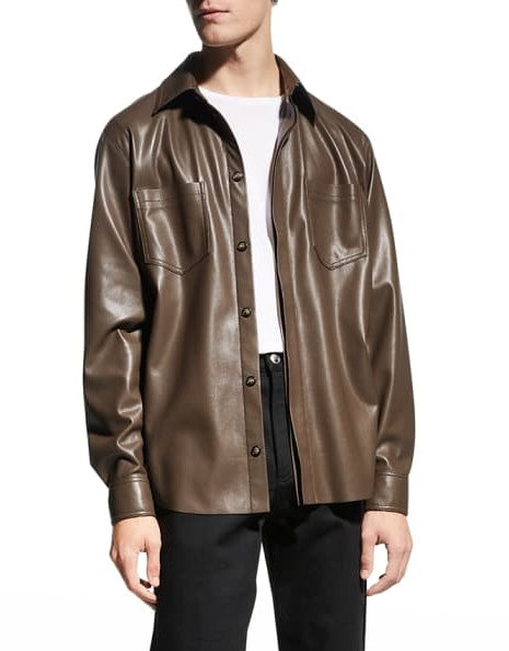 Men's Coffee Brown Leather Shirt In Full Sleeve